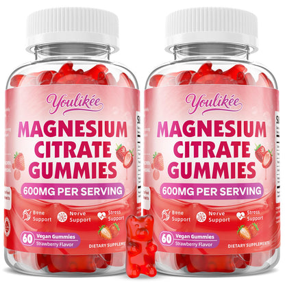 Magnesium Citrate Gummies, High Absorption Magnesium Gummies for Adults | Magnesium Supplement for Relaxation, Vegan, Sugar-Free, Strawberry Flavor, 60 Count