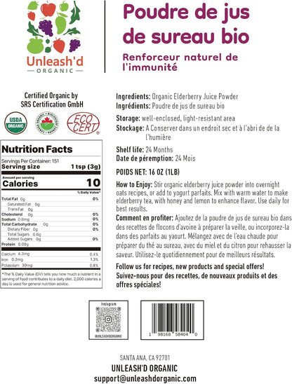 UNLEASH'D ORGANIC Organic Elderberry Juice Powder 16 oz – 100% Pure Natural Superfood, Rich in Antioxidants & Vitamins