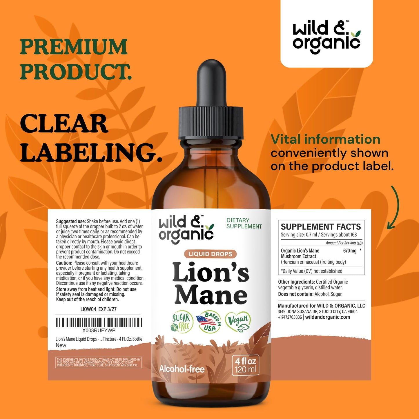 Wild & Organic Lions Mane Liquid Drops - Brain & Focus Support - Lion's Mane Mushroom Supplement - Hericium Erinaceus Mushroom Drops - Mix with Powder - Sugar & Alcohol-Free Extract Tincture - 4 oz