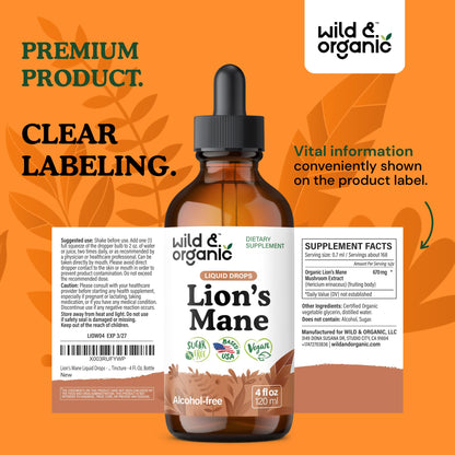 Wild & Organic Lions Mane Liquid Drops - Brain & Focus Support - Lion's Mane Mushroom Supplement - Hericium Erinaceus Mushroom Drops - Mix with Powder - Sugar & Alcohol-Free Extract Tincture - 4 oz