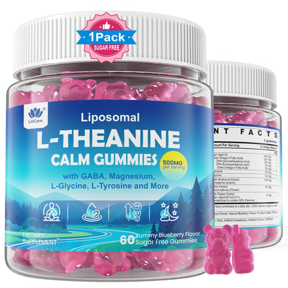 L Theanine Calm Gummies 500mg, Sugar-Free Liposomal L-Theanine Supplement, w/Safforn, Magnesium Glycinate, GABA, Ashwagandha, Algae Omega-3, Vitamin D3 B12, for Brain Calm, Relax, Mood, Zzz, 120Cts