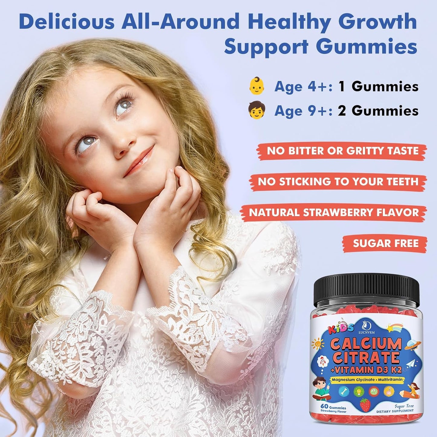 Kids Calcium Citrate Gummies with Vitamin D3 Supplement, Calcium Citrate 300/600 mg with Magnesium Zinc & Multivitamin for Kids 4+ & Teens, Support Bone Muscle & Digestive Health, Sugar Free, 60ct