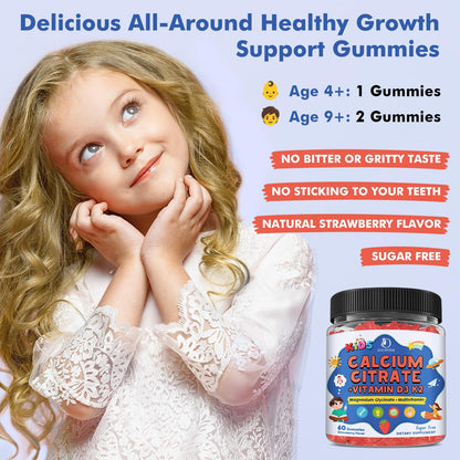 Kids Calcium Citrate Gummies with Vitamin D3 Supplement, Calcium Citrate 300/600 mg with Magnesium Zinc & Multivitamin for Kids 4+ & Teens, Support Bone Muscle & Digestive Health, Sugar Free, 60ct