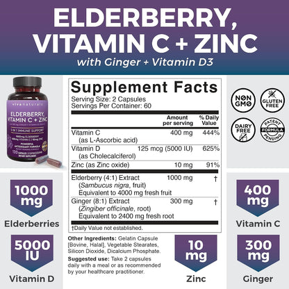 Viva Naturals Antarctic Krill Oil and Elderberry, Vitamin C, Zinc and Vitamin D3 5000 IU Bundle, 1250 mg of Krill Oil Providing Omega 3 EPA and DHA for Joint Health, Elderberry for Immune Support