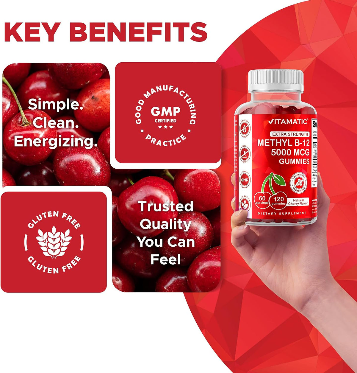 Vitamatic Methyl B12 5000 mcg, 120 Gummies, Natural Cherry Flavor | Extra Strength, Energy Metabolism Support and Nervous System Health Support*, Non-GMO, Gluten Free
