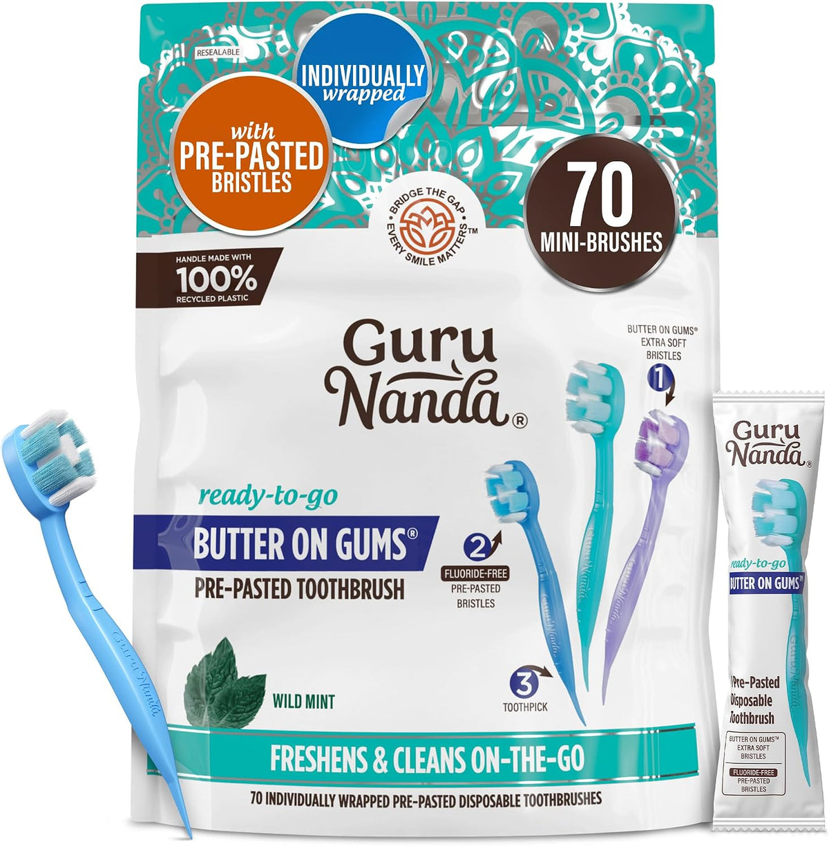 GuruNanda Disposable Travel Toothbrush 1.0, Fluoride Free Toothpaste, 70 ct