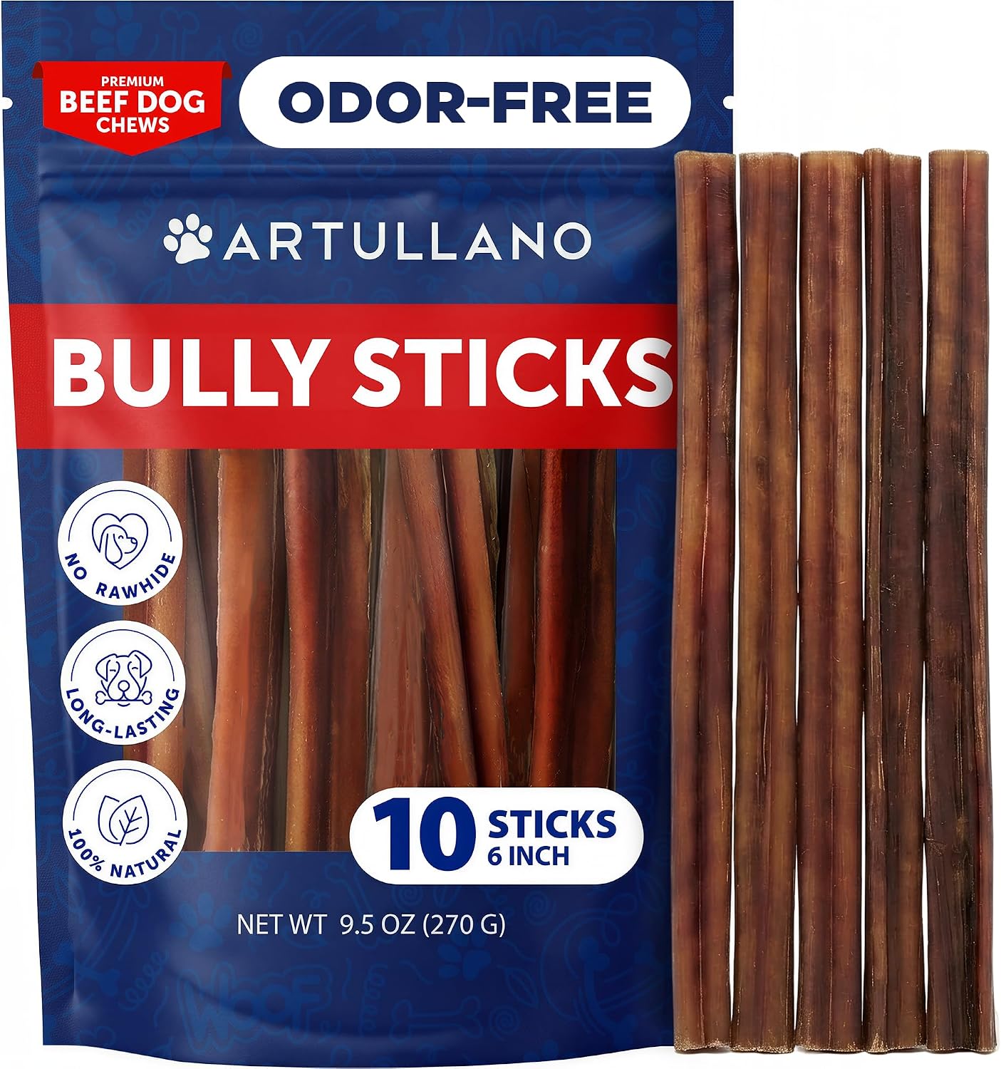 Premium Bully Sticks for Large Dogs - 6 Inch, 10 Bully Sticks - Odor free Natural Beef Pizzle, Long Lasting, Rawhide Free Dog Treats, Highly Digestible - For Dental Health, Training - For Large Breeds