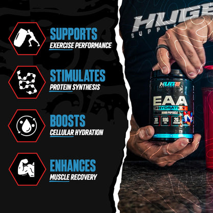 Huge EAA + Hydration, Essential Amino Acids Powder, EAAs & BCAAs, Intra & Post Workout Recovery Powder, Muscle Growth, Recovery & Performance, 10g EAAs & Electrolytes, Kiwi Blueberry, 30 Servings
