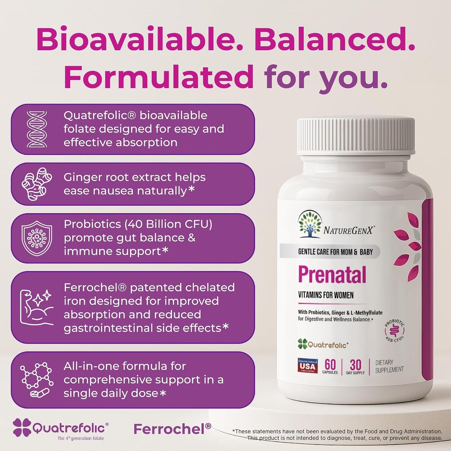 NatureGenX Methyl Prenatal with Probiotics – Prenatal Vitamins for Women with Iron, Methyl Folate, Ginger, Active B12 & 28 Nutrients – Vegan, Non-GMO, Gluten-Free – 60 Capsules (1-Month Supply)