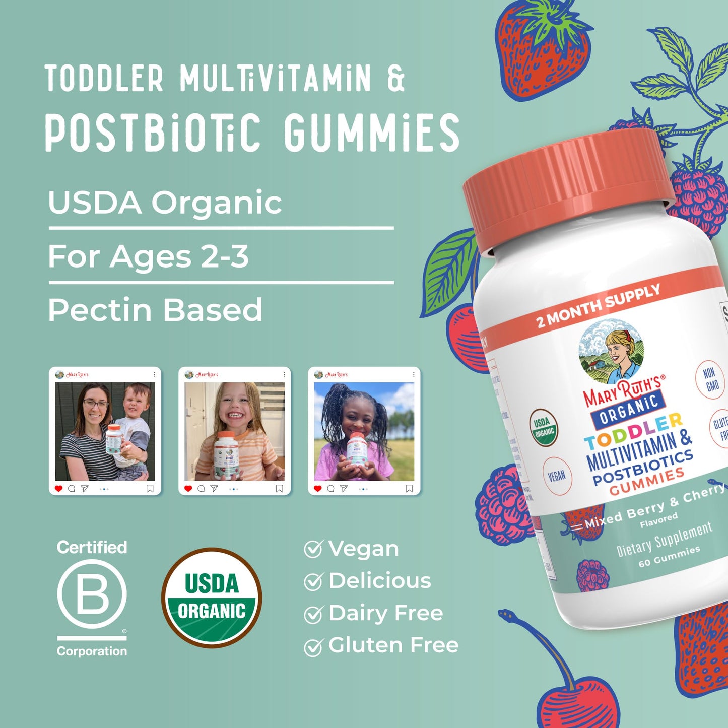MARYRUTH'S Kids Vitamins USDA Organic | Multivitamin Gummies + Postbiotics for Ages 4+ | Multivitamin for Kids with Lactobacillus Rhamnosus | Children’s Vitamins | Vegan | Non-GMO | 60 Count