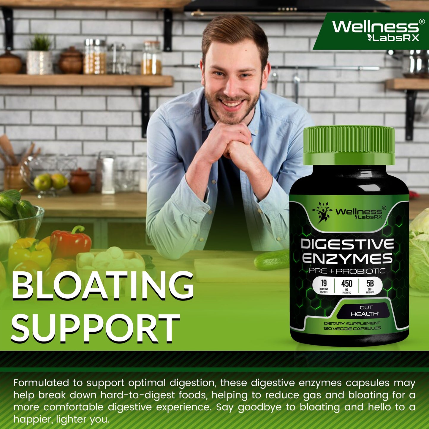 Digestive Enzymes with Probiotics and Prebiotics, 450mg, 5 Billion CFUs - Pure Super Digestion Capsules - Digestive Enzymes for Women & Men Support Digestion & Gut Health - 120 Count