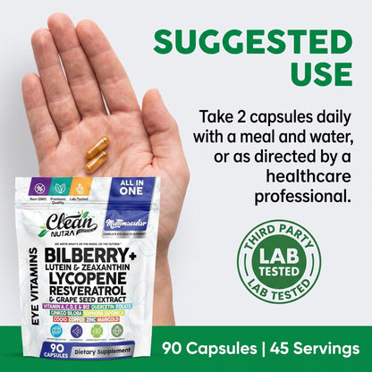 Clean Nutra Eye Vitamins with Bilberry Lutein and Zeaxanthin Supplements Lycopene 40mg Resveratrol Grape Seed Astaxanthin for Eyes - Eye Care Health Support Eye Vitamin and Mineral Supplement