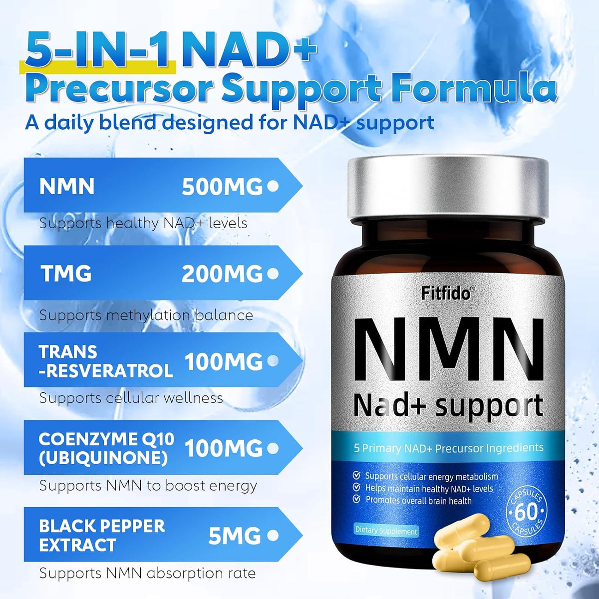 NMN 500mg Capsules, 5-in-1 with Resveratrol, TMG & CoQ10, 60 Count