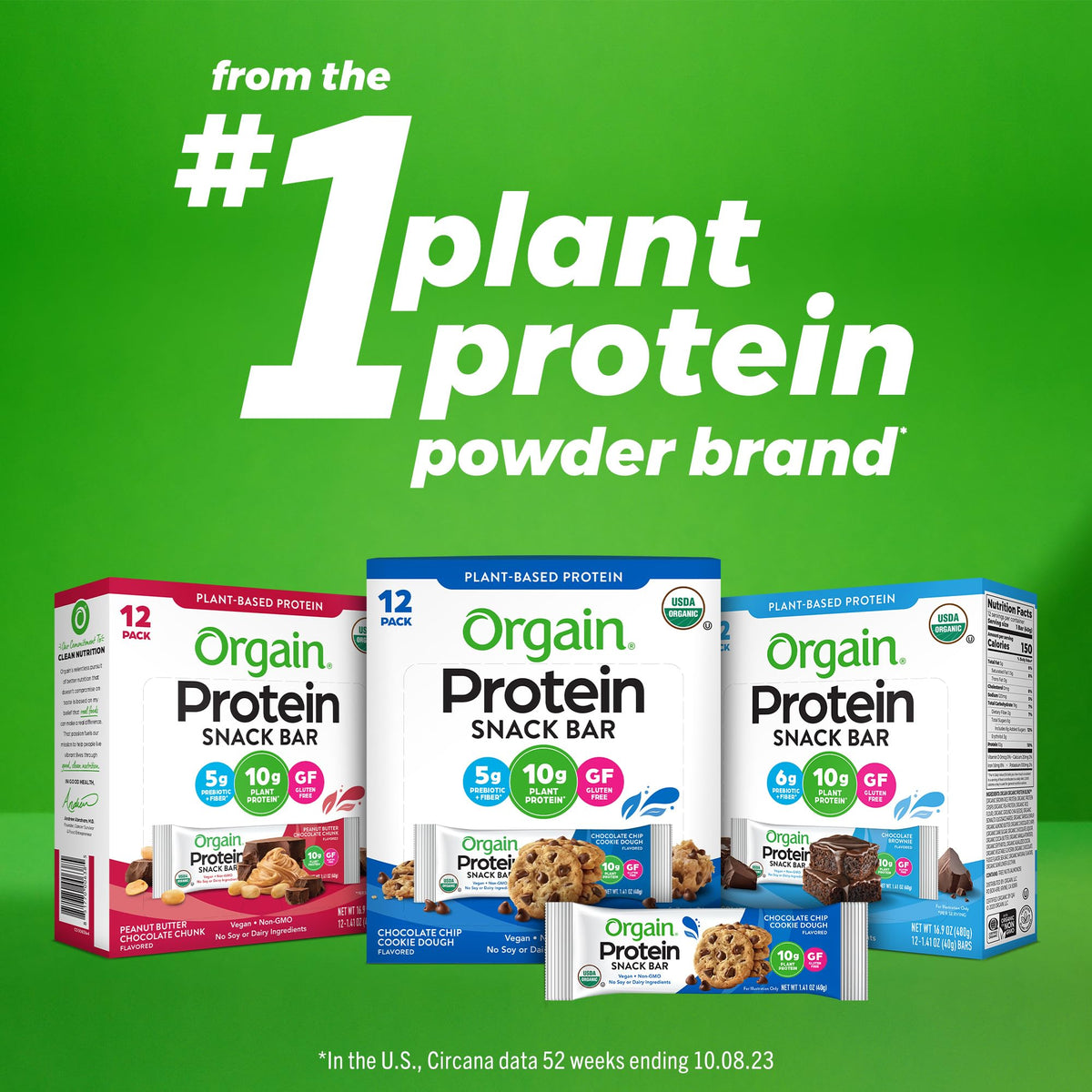 Orgain Organic Vegan Protein Bars, Chocolate Brownie - 10g Plant Based Protein, Gluten Free