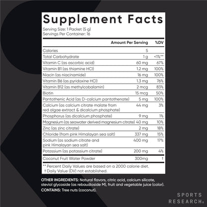 Sports Research Hydrate Electrolytes Powder Packets - Sugar-Free & Naturally Flavored