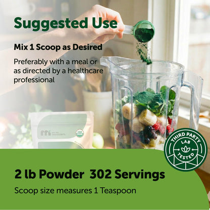 Organic Spirulina Powder, 1lb | Blue-Green Algae, Naturally Occurring Vegan Protein, Vitamins & Minerals | Source of Natural Chlorophyll & Enzymes | Non-GMO, Gluten-Free, No Additives