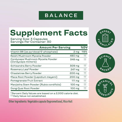 Bloom Nutrition Hormone Support Capsules for Women, Balance, 30 Servings | Cortisol Support, Menstrual Health, PMS Symptoms, Pomegranate Extract, Chaste Tree Berry & Dong Quai Root