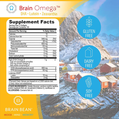 Brain Omega with Lutein and Zeaxanthin – Omega 3 Supplement for Brain, Heart & Eye Health – 460 mg DHA, 90 mg EPA, Lutein and Zeaxanthin Supplements – 180 Softgels (90 Servings)