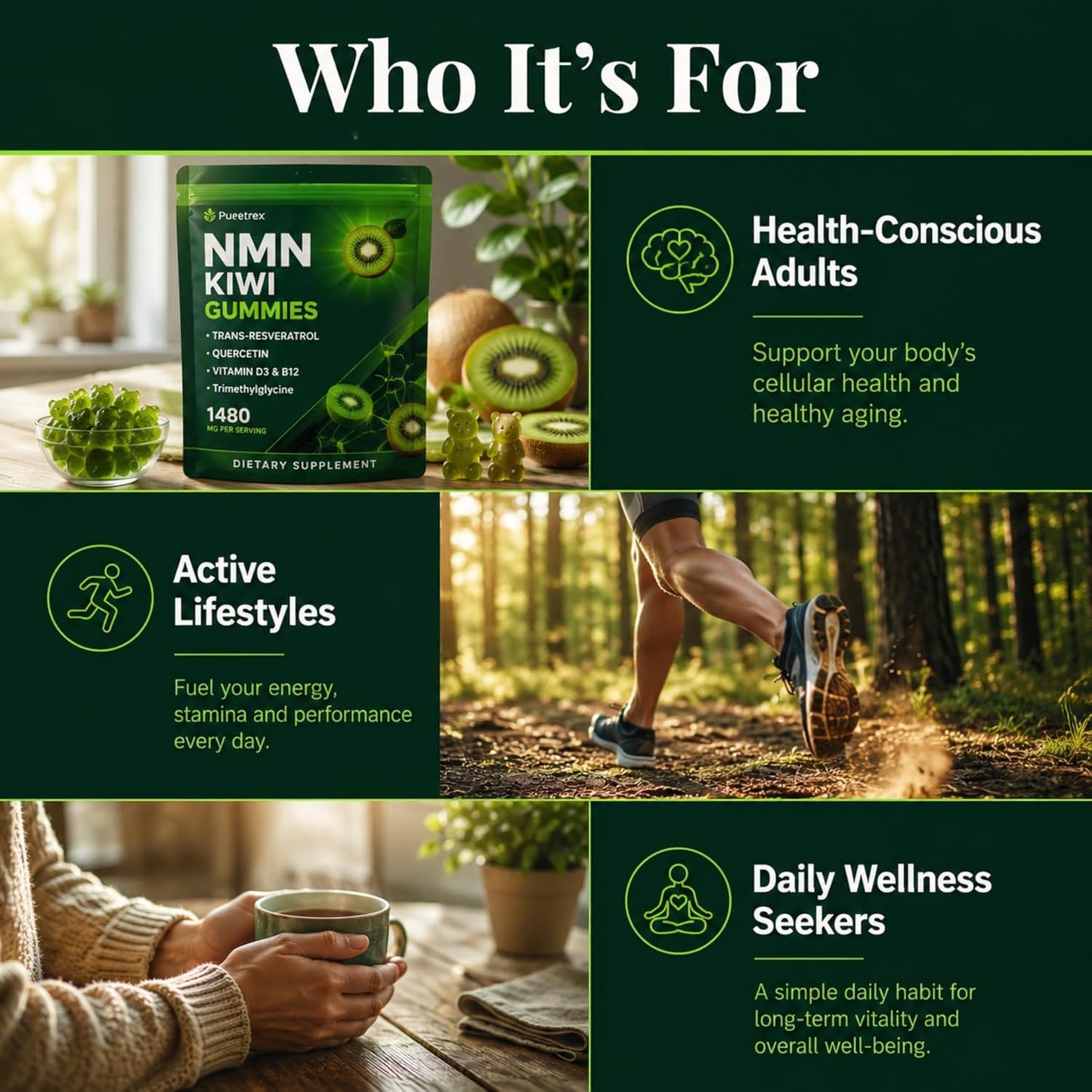 NMN Gummies 500mg with Trans-Resveratrol 200mg, Quercetin, TMG, Vitamin D3 B12, 1480mg NAD+ Supplement, Cellular Energy, Longevity & Healthy Aging Support, Vegan, 60 Kiwi Gummy Bears