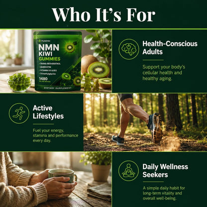 NMN Gummies 500mg with Trans-Resveratrol 200mg, Quercetin, TMG, Vitamin D3 B12, 1480mg NAD+ Supplement, Cellular Energy, Longevity & Healthy Aging Support, Vegan, 60 Kiwi Gummy Bears