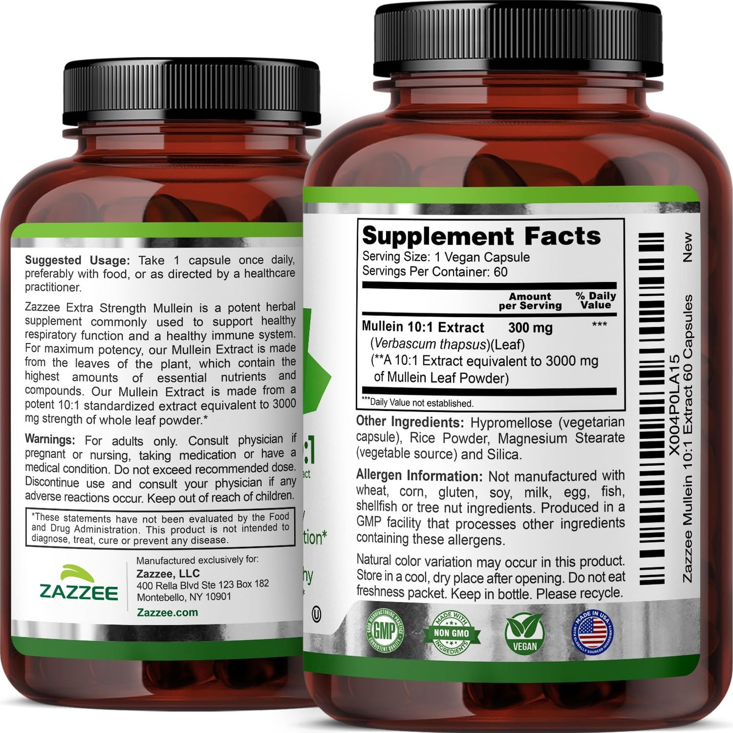 Zazzee Extra Strength Mullein Leaf 10:1 Extract, 120 Vegan Capsules, 4 Month Supply, Verbascum Thapsus, Respiratory & Lung Support, Certified Kosher, 100% Pure Leaf Powder, Non-GMO, Made in the USA