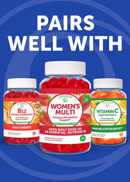 Lunakai USA Made Vegan Energy Gummies – Daily Energy Supplements, 60ct | Non-GMO 3000mcg Vitamin B12 Gummies for Women & Men – for Home or On‑the‑Go Use
