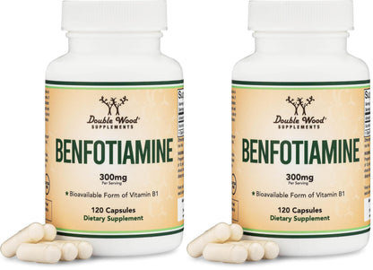 Benfotiamine 300mg Servings (Third Party Tested, 120 Capsules, 150mg Per Cap) Non-GMO, to Boost Thiamine B1 Levels (More Absorbable Than Thiamine, Fat Soluble) by Double Wood