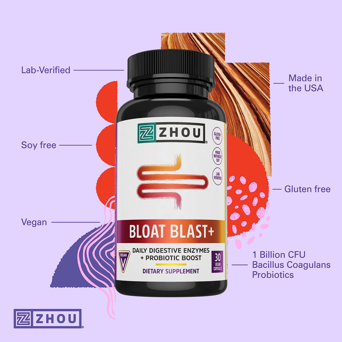 Zhou Nutrition Bloat Blast+ Digestive Enzymes with Probiotics, Bloating Relief for Women