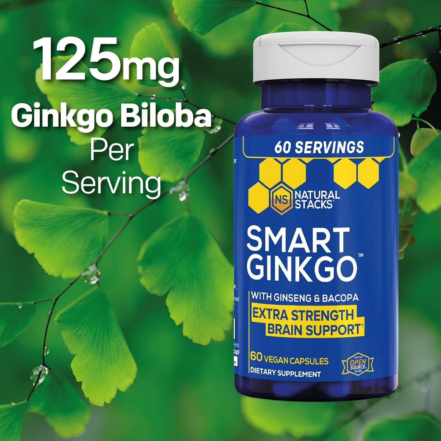 Ginkgo Biloba Supplement w/ Ginseng 200mg & Bacopa Monnieri - 60 Capsules | Brain Supplement for Memory and Focus - Panax Ginseng for Men & Women - Non-GMO & Gluten Free - Natural Stacks
