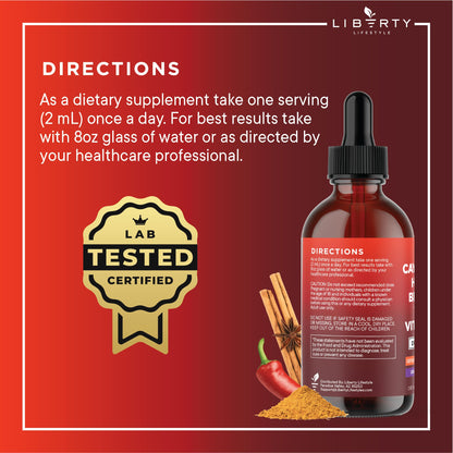 Cayenne Pepper Supplement Liquid Drops + Hawthorn Berry, Vitamin D3 K2 Beet Root Powder, Ceylon Cinnamon, Turmeric Curcumin, Organic Panax Ginseng - 4oz