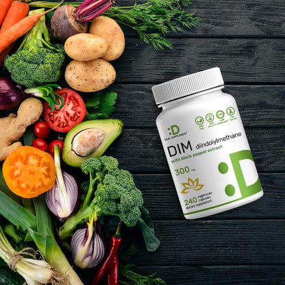 DIM Supplement 300mg with Black Pepper, 240 Vegetarian Caps, 4 Months Supply | 2-in-1 Dim Supplement for Women & Men | Diindolylmethane Plus Black Pepper Extract for Enhanced Absorption*