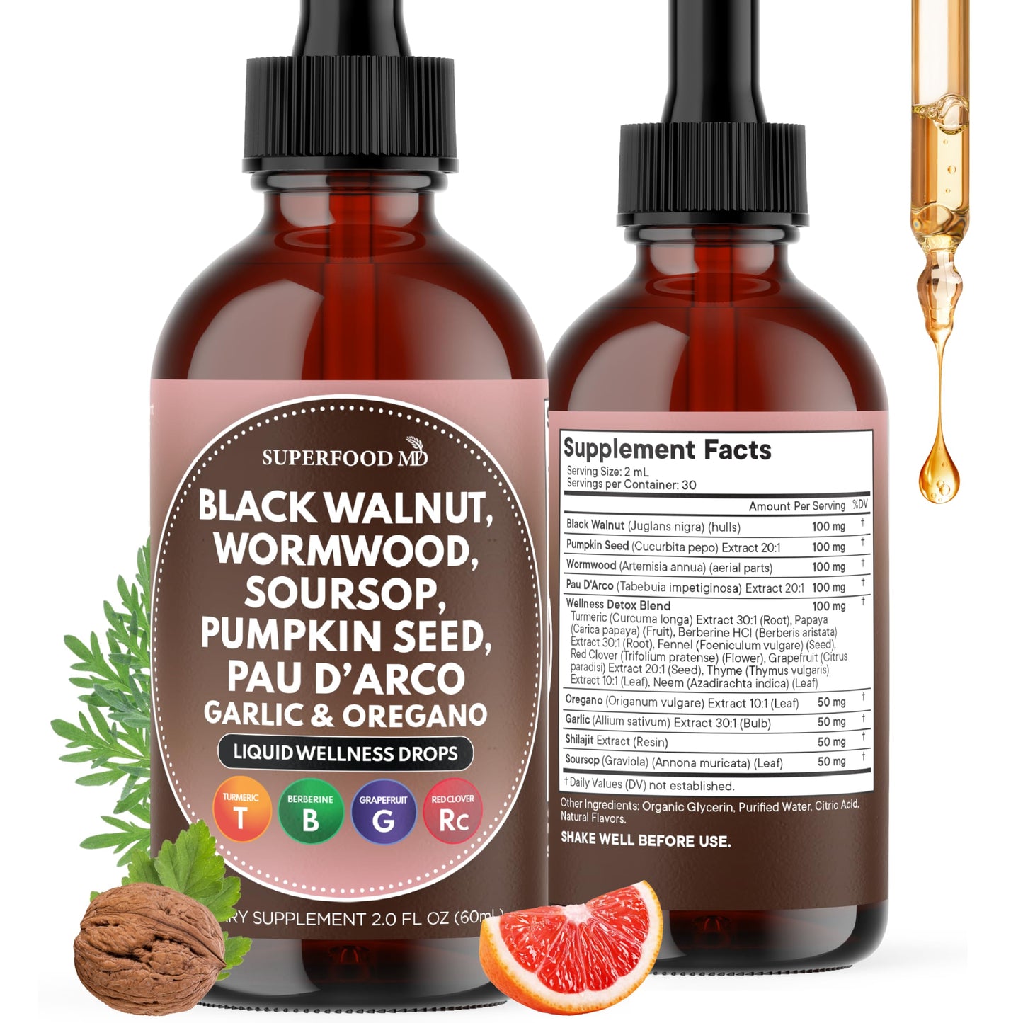 Wormwood Black Walnut Cleanse for Humans Drops Liquid Soursop Garlic Pumpkin Seed PAU D'Arco Oil of Oregano Turmeric Berberine Neem Extract Hull Bark Tincture - 4 oz