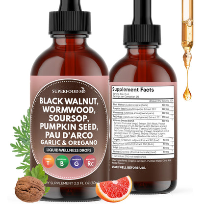 Wormwood Black Walnut Cleanse for Humans Drops Liquid Soursop Garlic Pumpkin Seed PAU D'Arco Oil of Oregano Turmeric Berberine Neem Extract Hull Bark Tincture - 4 oz