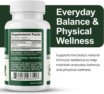 Mila Miamor Bovine Colostrum Supplement 500mg Per Capsule, 30% IgG - Gut Health, Immune Support and Digesitive Wellness - Non-GMO, Third-Party Tested, Made in USA - 60 Capsules