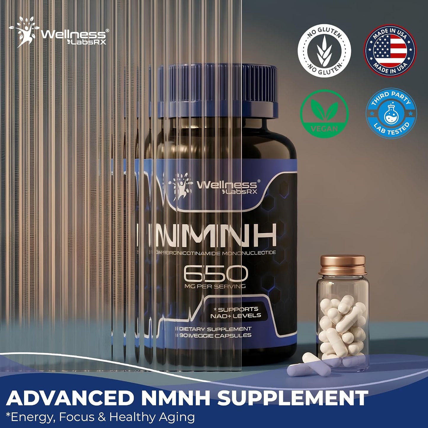NMNH Supplements - Di-Hydro Nicotinamide Mononucleotide NMNH Capsules, Fast Absorption Ultra Strength NMN Supplement, NAD+ for Cellular Energy & Anti Aging, 650mg - Non-GMO, Gluten Free - 90 Capsules