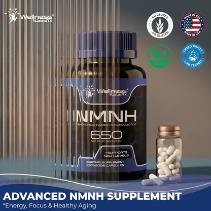 NMNH Supplements - Di-Hydro Nicotinamide Mononucleotide NMNH Capsules, Fast Absorption Ultra Strength NMN Supplement, NAD+ for Cellular Energy & Anti Aging, 650mg - Non-GMO, Gluten Free - 90 Capsules