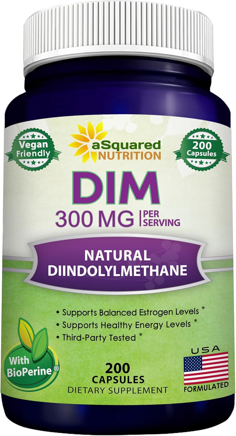 aSquared Nutrition DIM Supplement 300mg Per Serving Plus BioPerine - 200 Veggie Capsules - Diindolylmethane DIM Max Strength Pills to Support Estrogen Metabolism & Balance, Menopause, Hormonal Acne
