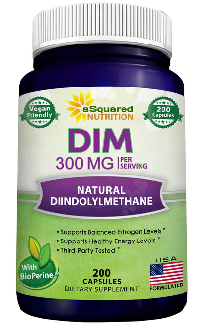 aSquared Nutrition DIM Supplement 300mg Plus BioPerine - 200 Veggie Capsules - Diindolylmethane DIM Max