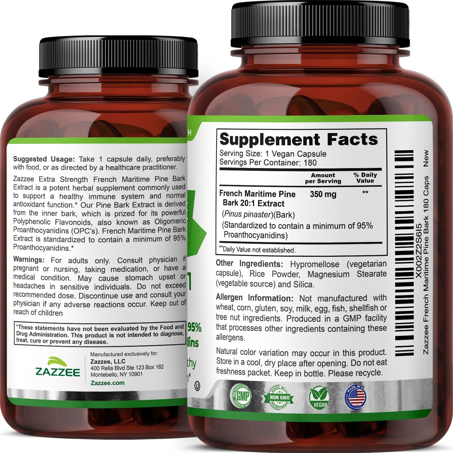 Zazzee Extra Strength French Maritime Pine Bark Extract 20:1, 350 mg Per Capsule, 95% Proanthocyanidins, 180 Vegan Capsules, 6 Month Supply, Certified Kosher, Antioxidant Support, Non-GMO, Made in USA