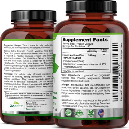 Zazzee Extra Strength French Maritime Pine Bark Extract 20:1, 350 mg Per Capsule, 95% Proanthocyanidins, 180 Vegan Capsules, 6 Month Supply, Certified Kosher, Antioxidant Support, Non-GMO, Made in USA