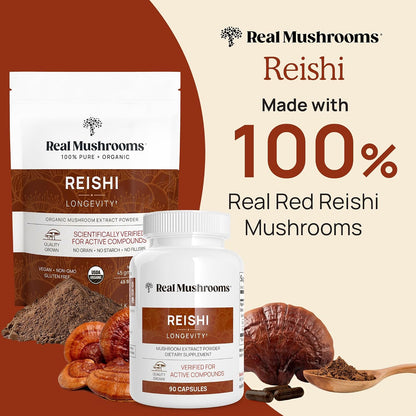Real Mushrooms Brain, Vitality & Immune Support Bundle - Lion’s Mane Cognition Capsules (120 Capsules) + Reishi 415 Longevity Capsules (90 Capsules) & Cordyceps-M Peak Performance (120 Capsules)