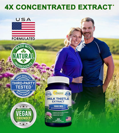 Milk Thistle Supplement - 200 Capsules - Silymarin Extract for Liver Detox | 4X Concentrated Extract - 4:1 Milk Thistle Seed Powder Herb Pills - Support Liver Cleanse - 250mg Per Capsule