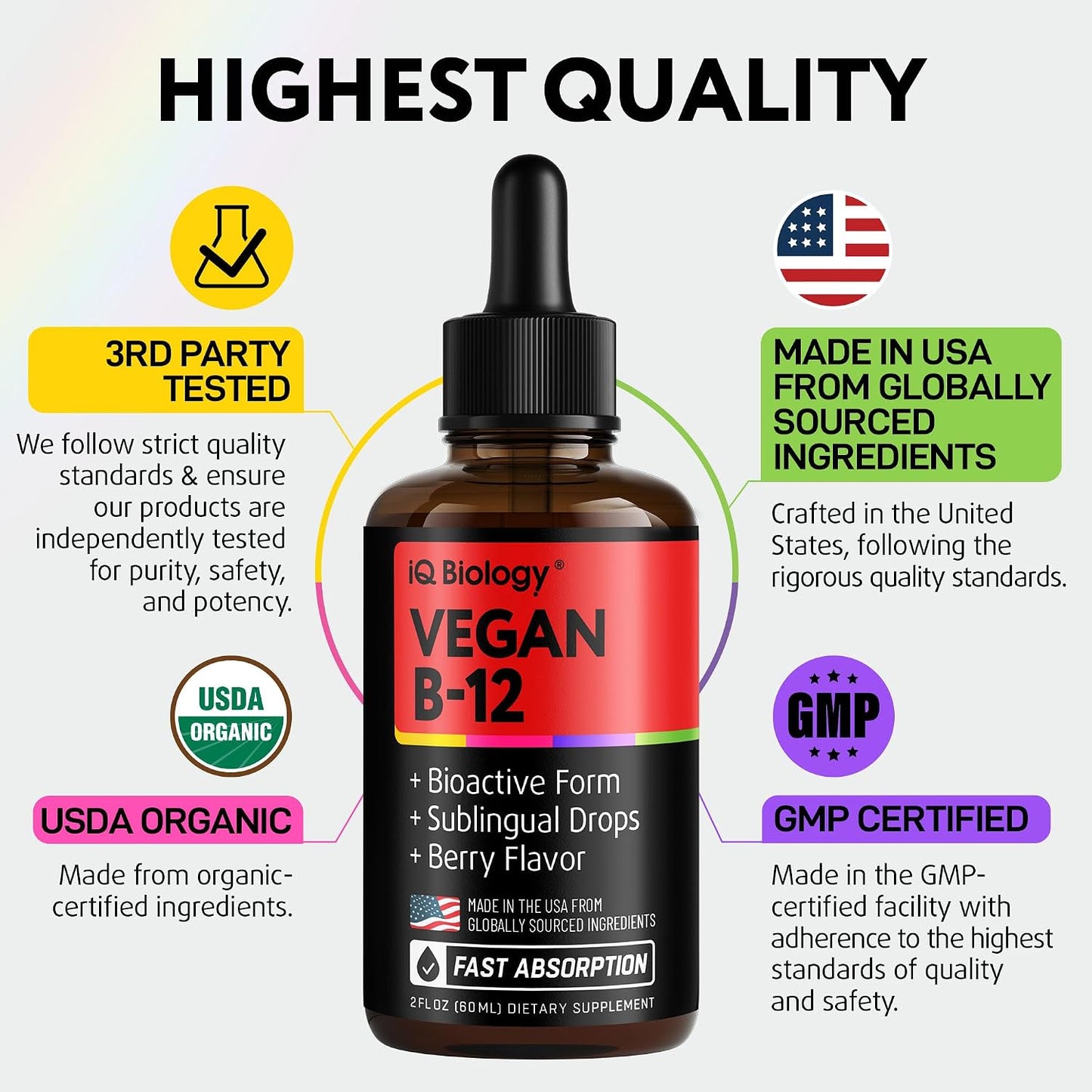 Organic Vitamin B12 Liquid Drops - Sublingual Methylcobalamin 5000 mcg, 2oz | Methylated B-12 Active Coenzyme Form - Energy & Nerve System Support - Berry Flavor - 60 servings