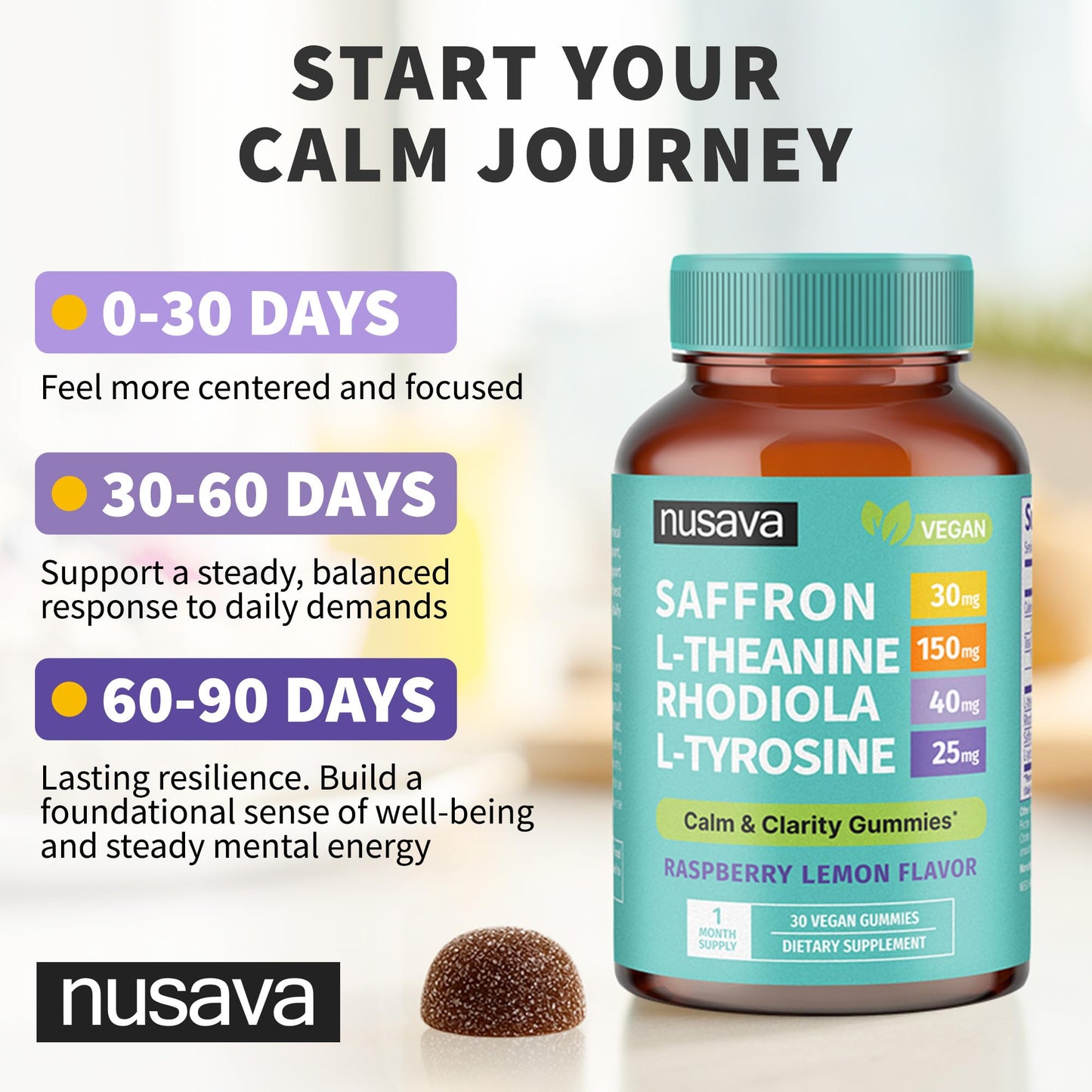 4-in-1 Saffron Gummies - Saffron Supplements with Rhodiola Rosea, L Theanine Gummies & L-Tyrosine - Saffron Extract Mood Support Supplement for Calm & Focus - Vegan, Non-GMO & Gluten-Free (30 Ct)