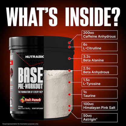 NutraBio Base Pre-Workout Powder 200mg Caffeine, Sustained Energy, Focus, Endurance, Pump, Sugar Free, Clean Preworkout for Men and Women - Beta Alanine, L-Tyrosine, 30 Servings - Lemon Lime