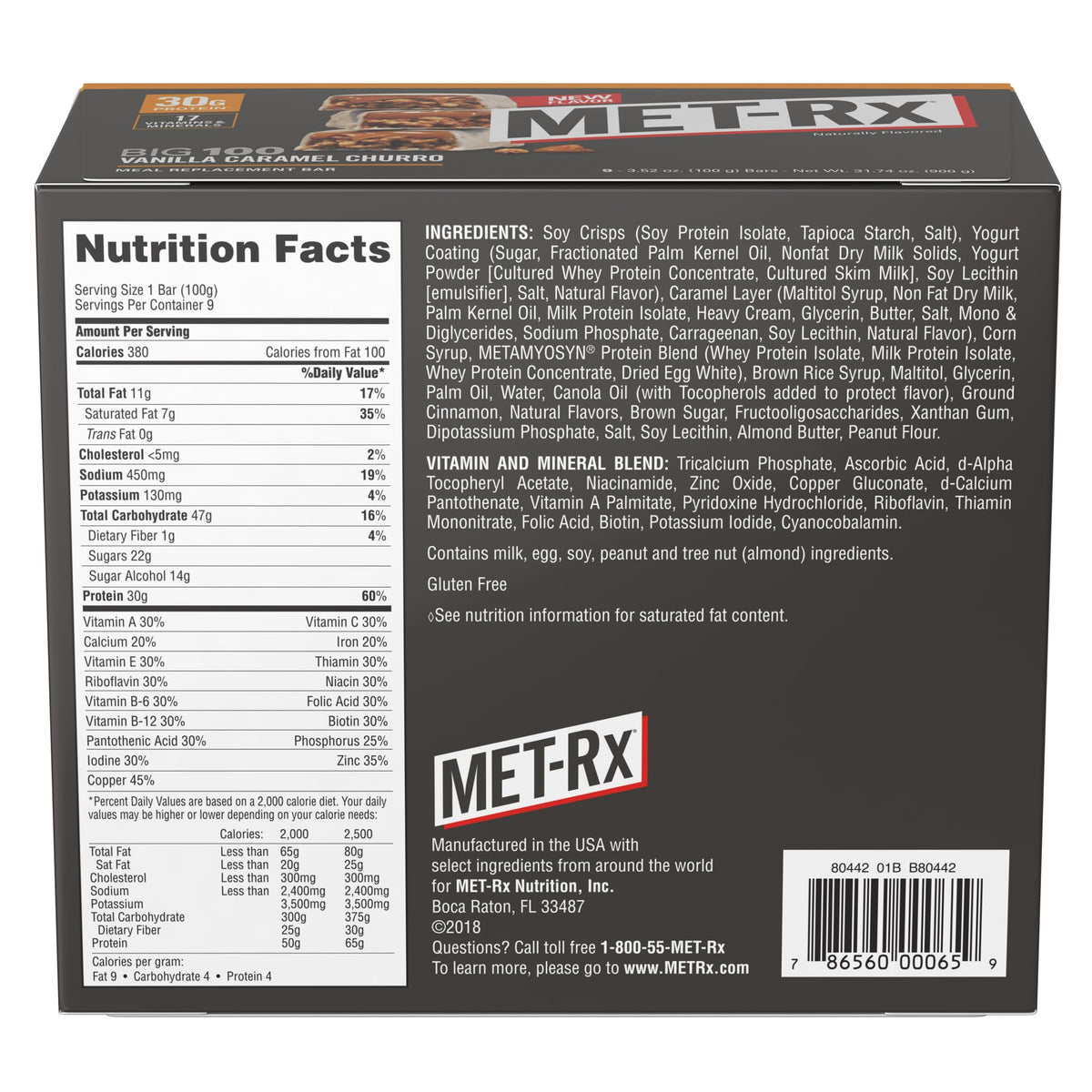MET-Rx Big 100 Colossal Protein Bars, Vanilla Caramel Churro Meal Replacement Bars