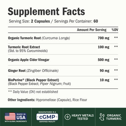 Apple Cider Vinegar Capsules with Turmeric, Ginger & BioPerine 60 Capsules