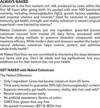 NAKED Colostrum Powder – 100% Grass-Fed Bovine Colostrum Supplement from US Farms | Tested at 20%+ IgG | Gut Health, Immunity, Recovery & Skin Support - 150 Servings