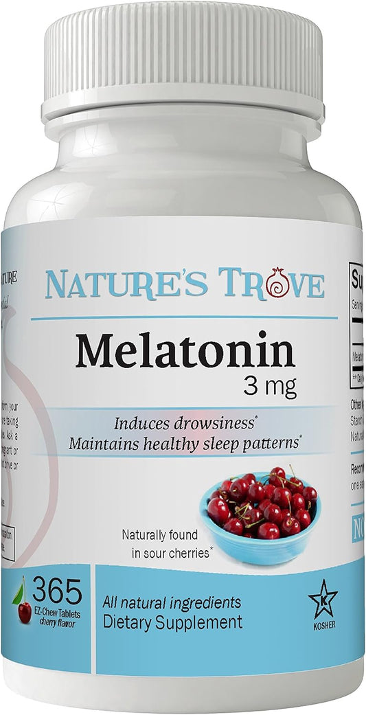 Nature's Trove Melatonin 3mg Chewable, 365 Chewable Melatonin Cherry Flavor Tablets