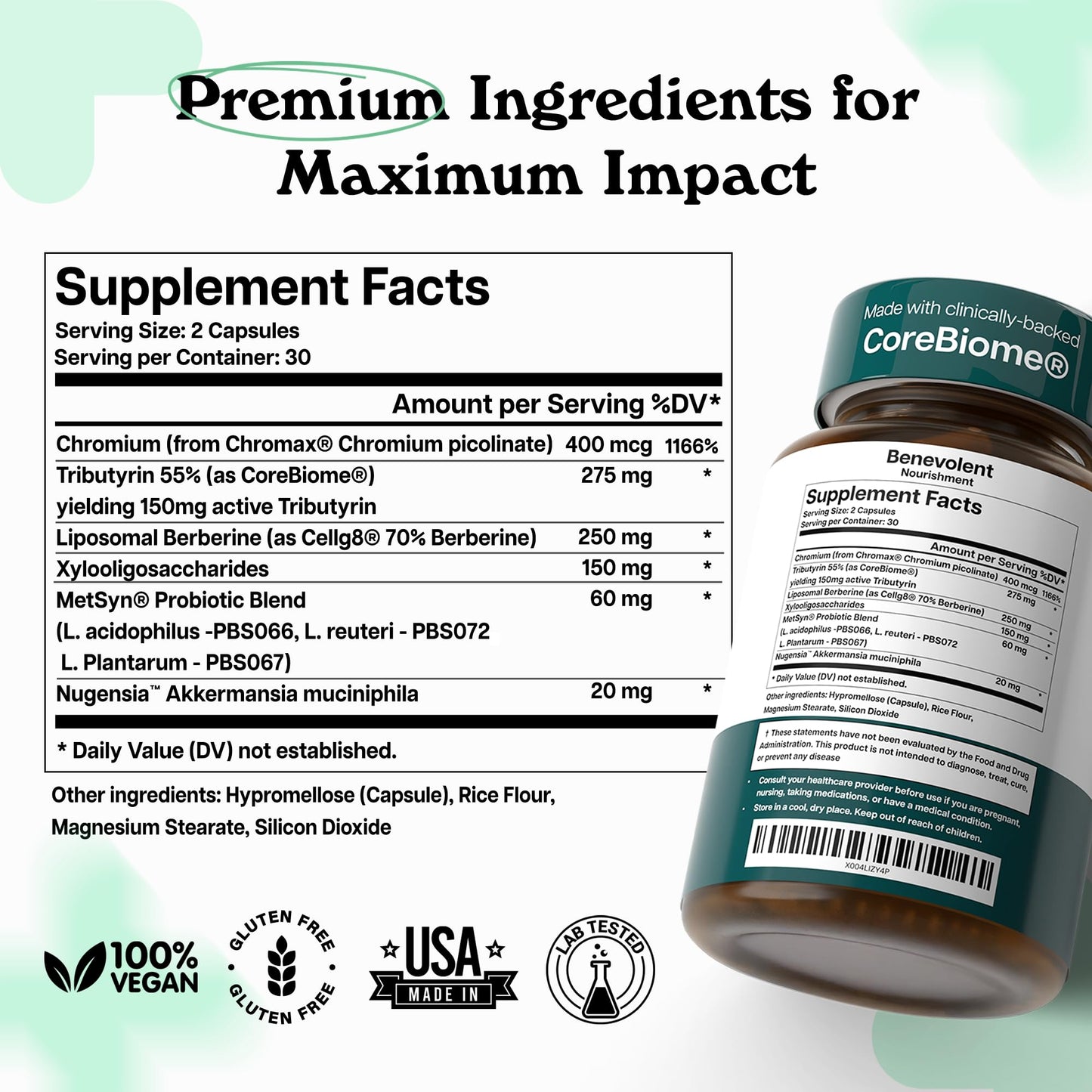 Benevolent Glp-1 Support | 5-in-1 Synbiotic with Akkermansia, MetSyn®, Chromax® & Liposomal Berberine | Natural GLP 1 Probiotics Supplement for Weight Management & Metabolic Balance, 60 Ct